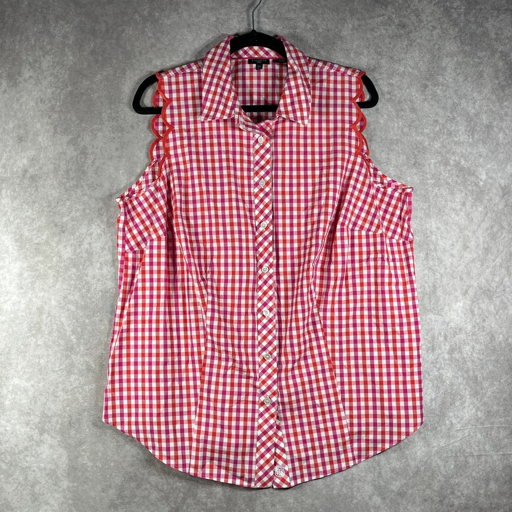 Talbots Top Womens Size 14W Red Checkered Scallop Sleeve‎ Button Up Non-Iron